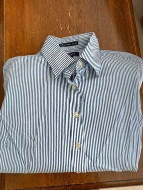 Lands' End Navy and White Striped Cotton Button-Front Blouse